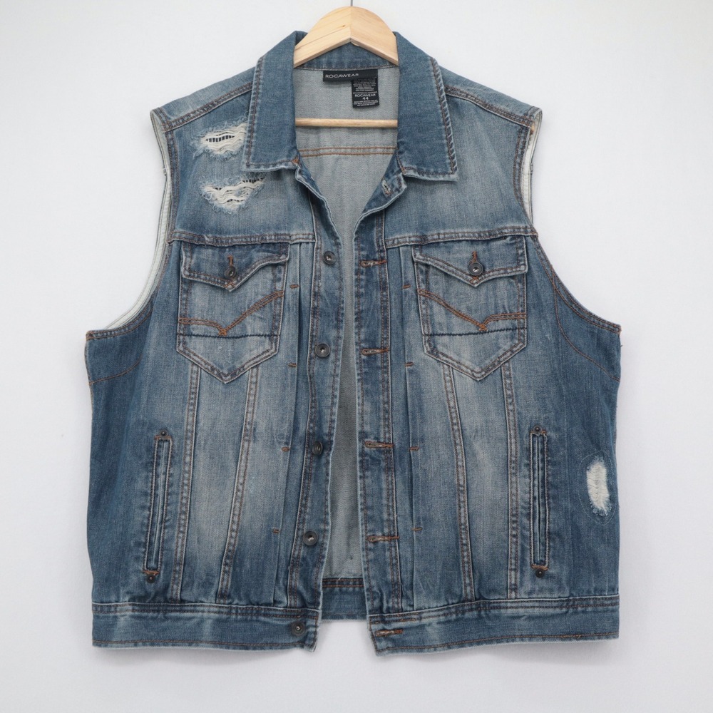 Rocawear Size 44 Mens L/XL Vintage Y2K Distressed Denim Jean Vest Streetwear